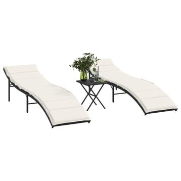 vidaXL Ligbedden 2 st met tafel poly rattan zwart, Tuin en Terras, Verzenden, Nieuw