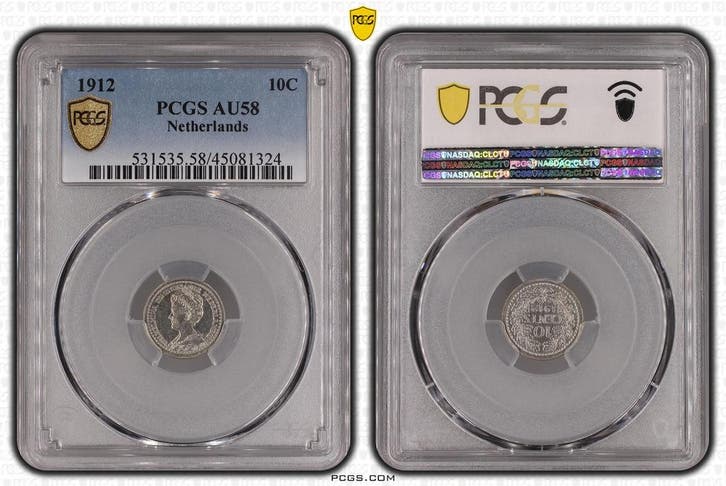 Koningin Wilhelmina 10 cent 1912 lage kroon PCGS AU58, Postzegels en Munten, Munten | Nederland, Losse munt, 10 cent, Koningin Wilhelmina