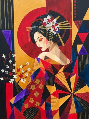 Adri Q 120 x 90 cm - Geisha bajo el sol carmín y ramas de