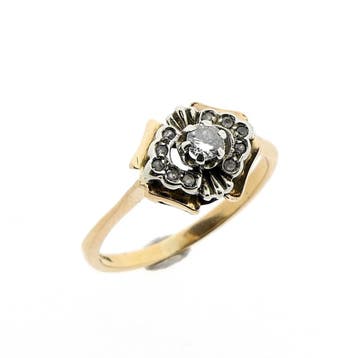 Vintage bicolor ring met zirconia en diamant 0,14 ct., 18 tot 19, Gebruikt, Overige kleuren, Ophalen of Verzenden