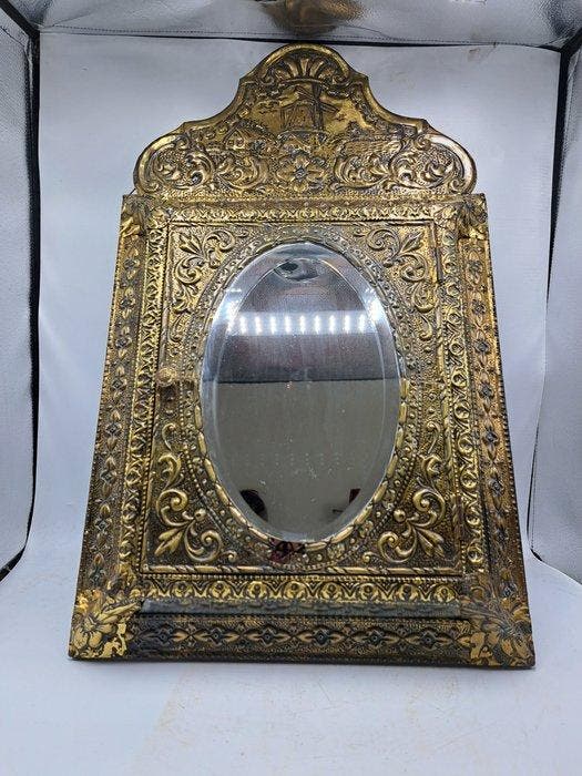 Wandspiegel- Facet geslepen - Latoenkoper, Glas, Hout -, Antiek en Kunst, Curiosa en Brocante
