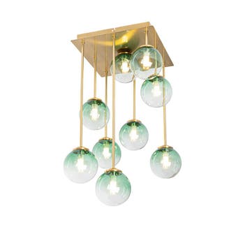 Art Deco plafondlamp goud met groen glas 9-lichts - Athens, Verzenden, Nieuw
