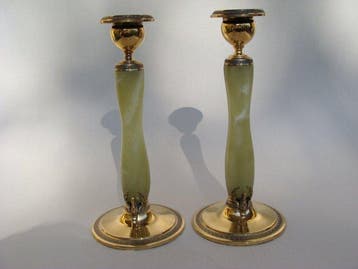 Wolfers Frères - Kandelaar (2) - Verguld Zilver & Groene, Antiek en Kunst