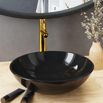 vidaXL Wastafel met kraan en pop-up afvoer gehard glas zwart, Verzenden, Nieuw