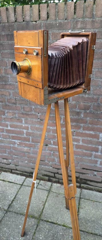 Antieke Houten Straatbord Camera Complete Set met Statief..., Ophalen of Verzenden, Gebruikt, Overige Merken