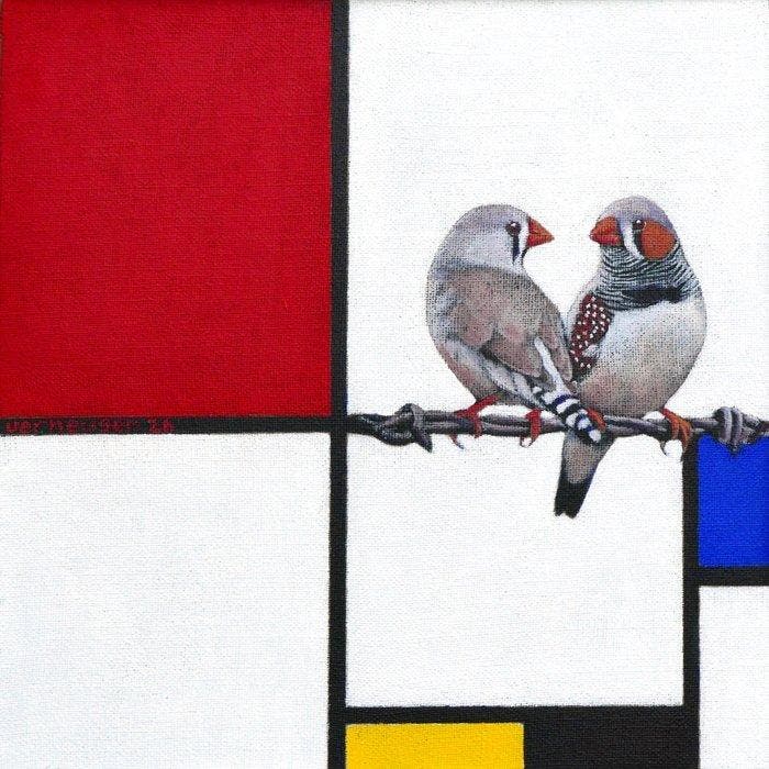 Jos Verheugen - Free after Mondrian, with Zebra Finches, Antiek en Kunst, Kunst | Schilderijen | Modern