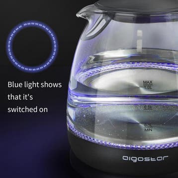 Waterkoker glas - met LED - Elektrisch - 1L - 2200W - Zwart, Verzenden, Zo goed als nieuw
