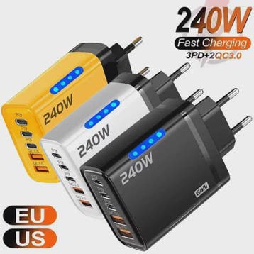 240W GaN 5-Poorts Snellader | USB-C PD & QC 3.0 | EU/US Stek, Computers en Software, Verzenden, Nieuw