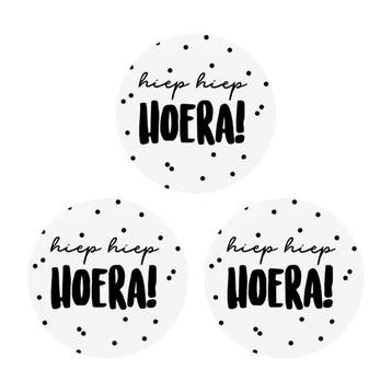 Hiep Hiep Hoera Stickers - 40 mm - Zwart/Wit - 60 Stuks -, Verzenden, Nieuw