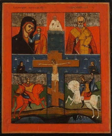 Icoon - Kruisiging van Christus - Hout - vierdelige icoon, Antiek en Kunst