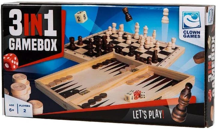 Clown Games - 3 in 1 Spellendoos Hout | Clown Games -, Hobby en Vrije tijd, Gezelschapsspellen | Bordspellen, Nieuw, Verzenden