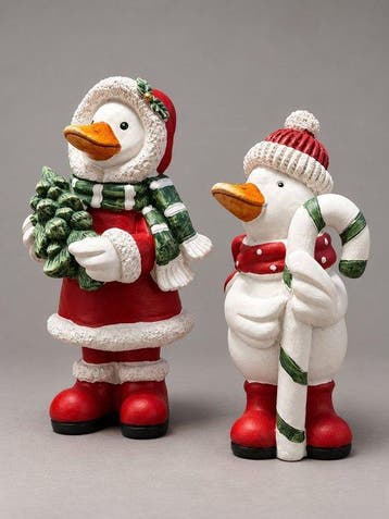 Beeld, Set van 2 feestelijke kerst-eenden – handbeschilderd