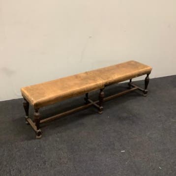 Antiek houten halbankje, (bxd) 176x36 cm, hout - leer, Ophalen of Verzenden, Gebruikt, Bureau