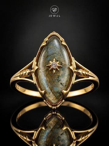 Labradoriet-edelsteen ring - goudverguld 925 zilver -