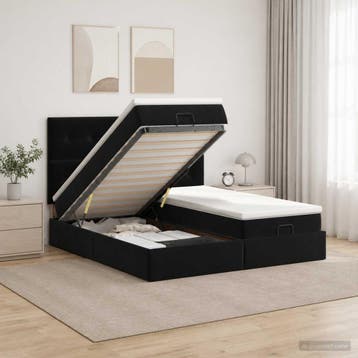 vidaXL Ottoman Bed met Matrassen en LED Zwart 200 x 200 cm, Verzenden, Zwart, Stof, Nieuw