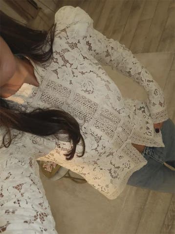 Elegante Witte Kant Blouse met Lange Mouwen en Uitgesneden D, Verzenden, Nieuw