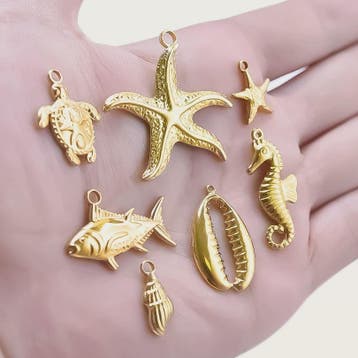 6x Goudkleurige Zee Dieren Bedeltjes Set - Schildpad, Schelp, Verzenden, Nieuw