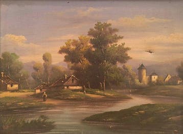 Scuola francese (XIX), Firmato Robert - Paesaggio fluviale, Antiek en Kunst