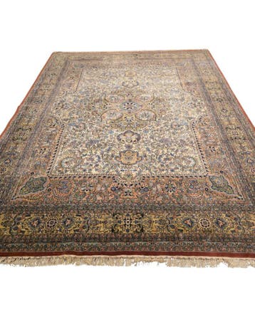 XXL Groot Perzisch tapijt Kirman 414x306 wollen vloerkleed, Blauw, 200 cm of meer, Ophalen of Verzenden, Zo goed als nieuw
