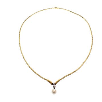 Gouden gematteerde damescollier met parel en diamanten; 0..., Gebruikt, Ophalen of Verzenden, Met edelsteen, Goud