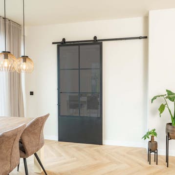 Stalen Schuifdeur Zwart 6 Vlaks met kickplate Rook glas *, 75 tot 150 cm, Nieuw, 150 tot 225 cm, Metaal