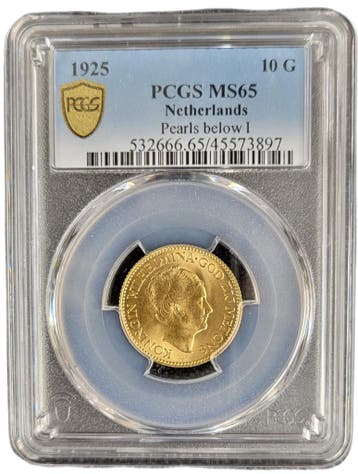 Gouden Wilhelmina 10 gulden 1925 MS65 Pearl below I variant, Verzenden, Goud, Koningin Wilhelmina, Losse munt