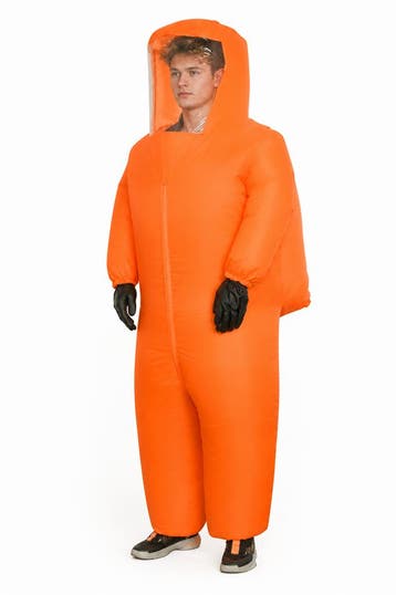 KIMU® Opblaas Kostuum Quarantaine Pak Oranje Opblaasbaar Pak, Carnaval, Nieuw, Overige maten, Ophalen of Verzenden