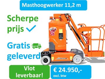 Verticale masthoogwerker, 11,2M werkhoogte, 345° rotatie bak, Verzenden