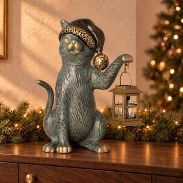 sculptuur, Christmas Cat with bell and lantern - 39 cm -, Diversen, Nieuw