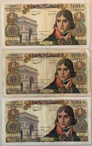 Frankrijk. - 3 x 100 Nouveaux Francs - 1959/1960 - Pick 144, Postzegels en Munten, Bankbiljetten | Europa | Niet-Eurobiljetten