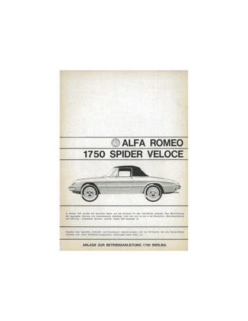 1968 ALFA ROMEO SPIDER 1750 VELOCE BIJLAGE INSTRUCTIEBOEKJE