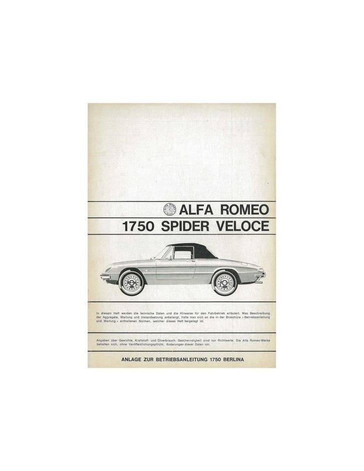 1968 ALFA ROMEO SPIDER 1750 VELOCE BIJLAGE INSTRUCTIEBOEKJE, Auto diversen, Handleidingen en Instructieboekjes