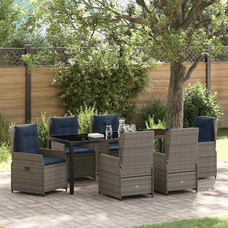 vidaXL Tuin Eetset met kussen 7 pcs Grijs Poly riet, Tuin en Terras, Tuinsets en Loungesets, Nieuw, 7 zitplaatsen, Verzenden