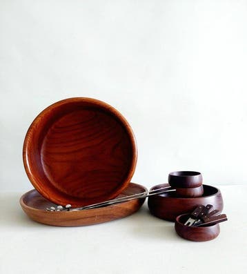 Schaal - Teak, acacia - Vintage borrelset - Teak saladekom
