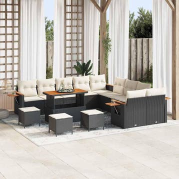 vidaXL Tuinbankenset met kussen 18 pcs Zwart en Crème poly, Verzenden, Nieuw, Rotan, 8 zitplaatsen