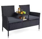 2-in-1 Balkonbank van Rotan Zwart – Tafel, Kussens, Glastop, 2 zitplaatsen, Nieuw, Stoel, Tuinset