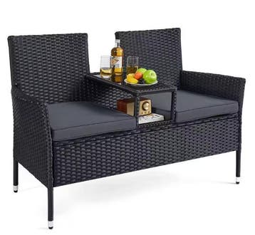 2-in-1 Balkonbank van Rotan Zwart – Tafel, Kussens, Glastop, 2 zitplaatsen, Nieuw, Stoel, Tuinset