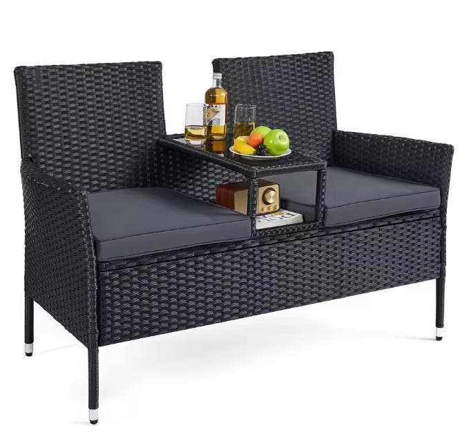 2-in-1 Balkonbank van Rotan Zwart – Tafel, Kussens, Glastop, Tuin en Terras, Tuinsets en Loungesets, Bijzettafel, Stoel, 2 zitplaatsen