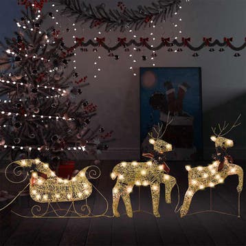 vidaXL Kerstdecoratie rendieren en slee 60 LEDs goudkleurig, Verzenden, Nieuw