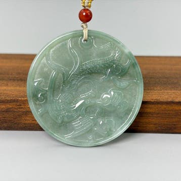Snijwerk, Natural Jade Phoenix Pendant - 53 mm -