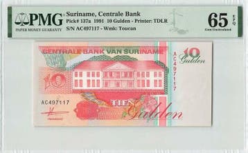 1991 Suriname 10 Gulden Pick 137a Pmg Gem Unc 65 Epq, Verzenden