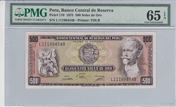 1975 Peru 500 Soles de Oro Pick 110 Pmg Gem Unc 65 Epq, Verzenden