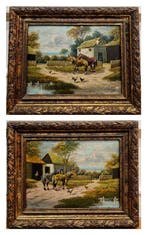 European School (XIX-XX) - Rural Horses Diptych signed