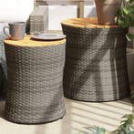 Tuinbijzettafels 2 st met houten blad poly rattan grijs, Verzenden, Nieuw
