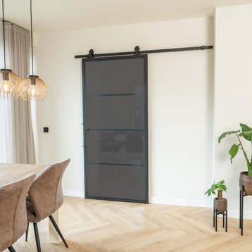 Stalen Schuifdeur - Zwart - 4 Vlaks - Rook glas, 75 tot 150 cm, Nieuw, 150 tot 225 cm, Metaal