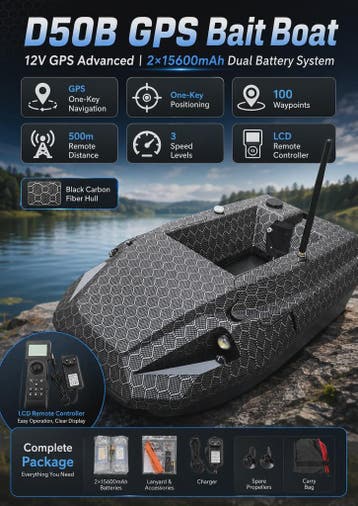 D50B Carbon Fiber GPS Voerboot met Dubbele 15600mAh Batterij, Watersport en Boten, Verzenden, Nieuw