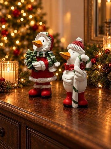 Beeld, Set van 2 feestelijke kerst-eenden – handbeschilderd