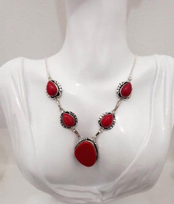 Zilver, Rood koraal - Halsketting