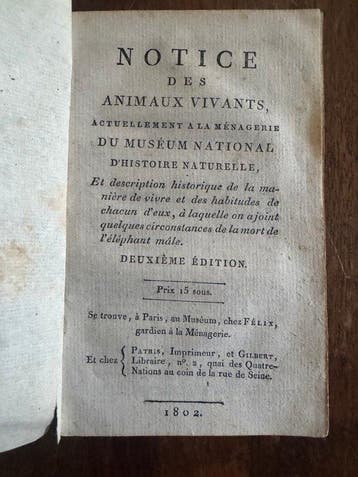 [Cuvier, Frédéric — attribué à]. - Notice des animaux