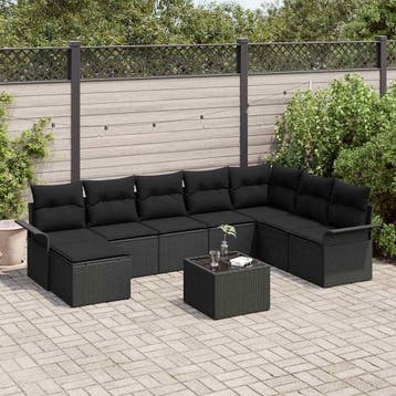 vidaXL Tuin Sofa Set met kussen 9 pcs Zwart poly rattan, Verzenden, Nieuw, Rotan, Meer dan 8 zitplaatsen